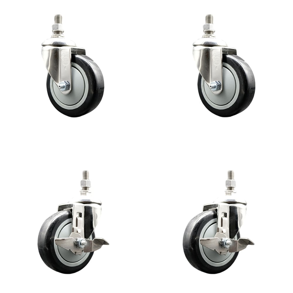 Poly Swivel Stem Caster with 4 in. Black Caster Wheels, 10 mm Threaded Stems - 316 Stainless Steel Casters - Set of 4