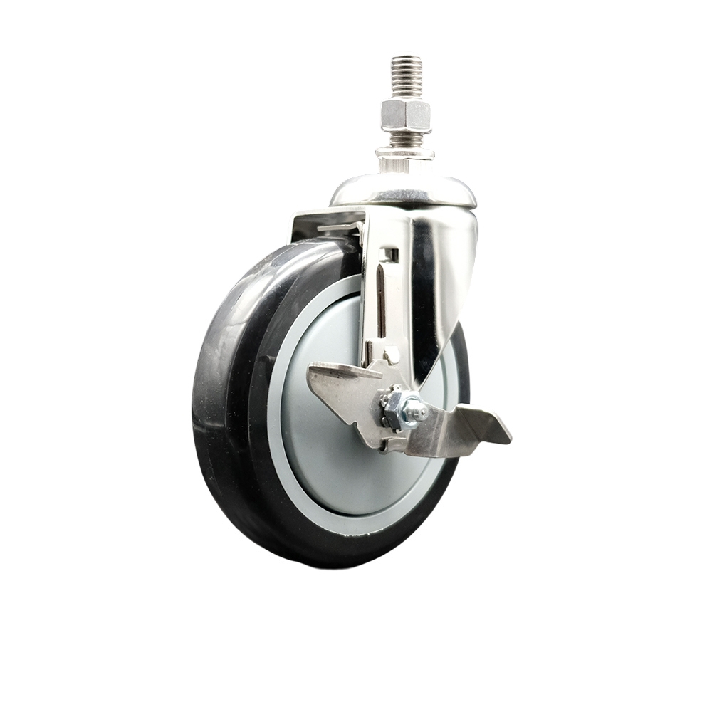 Polyurethane Swivel Stem Caster with 5 in. Black Caster Wheels & Top Lock Brake, 10 mm Threaded Stem - 316 Stainless Steel Caster