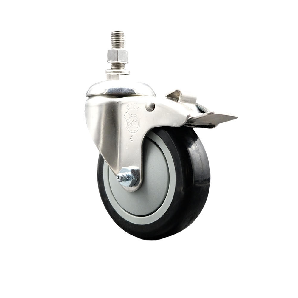 Polyurethane Swivel Stem Caster with 4 in. Black Caster Wheels & Total Lock Brake, 12 mm Threaded Stem - 316 Stainless Steel Caster
