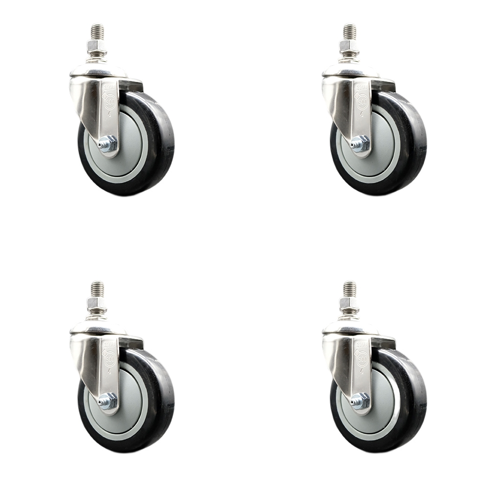 Polyurethane Swivel Stem Caster with 4 in. Black Caster Wheels, 12 mm Threaded Stems - 316 Stainless Steel Casters - Set of 4