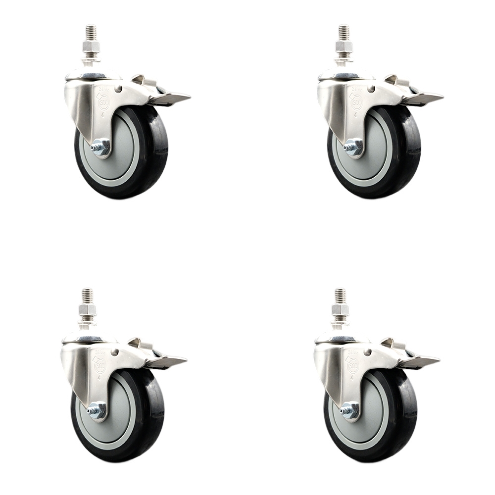 Polyurethane Swivel Stem Caster with 4 in. Black Caster Wheels, 12 mm Threaded Stems - 316 Stainless Steel Casters - Set of 4