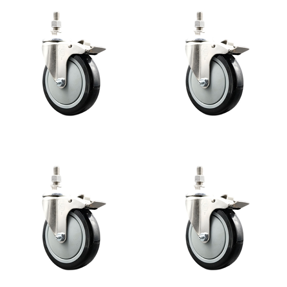 Polyurethane Swivel Stem Caster with 5 in. Black Caster Wheels, 12 mm Threaded Stems - 316 Stainless Steel Casters - Set of 4