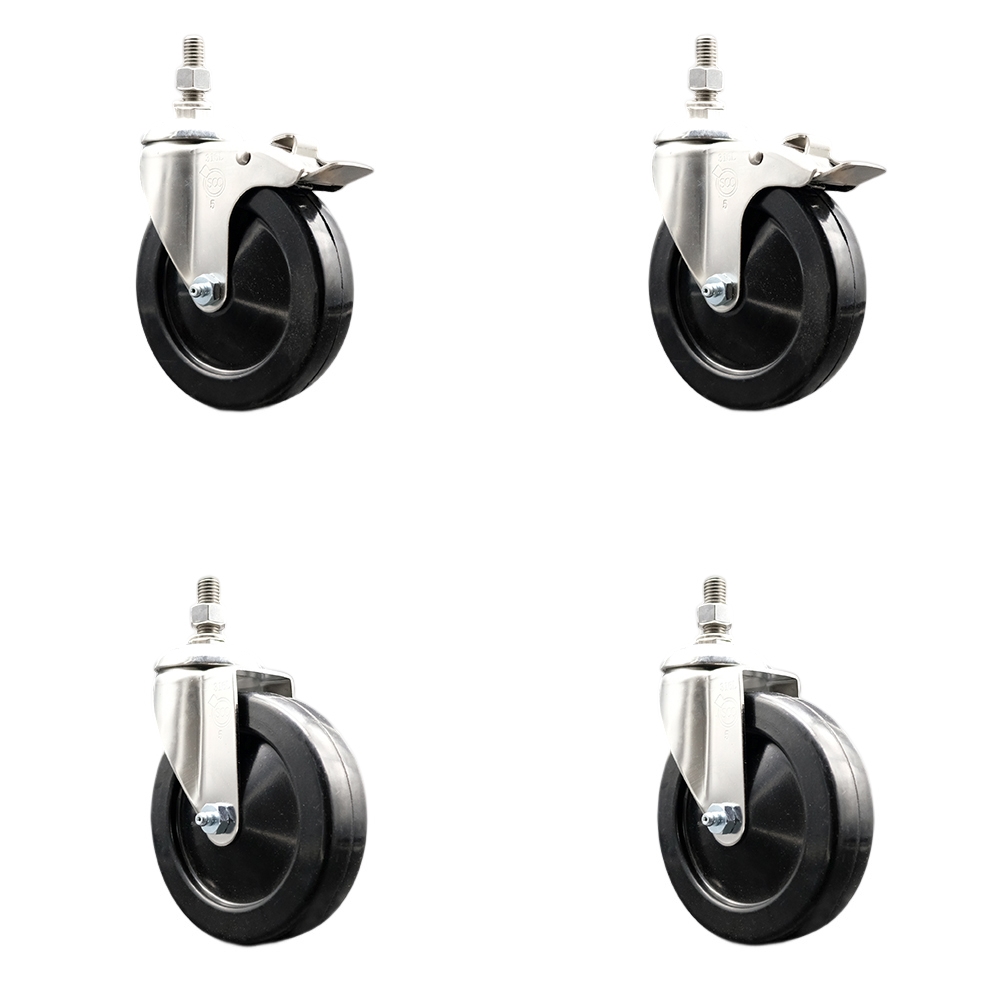 Hard Rubber Swivel Stem Caster with 5 in. Caster Wheels, 0.5 in. Threaded Stems - 316 Stainless Steel Casters - Set of 4