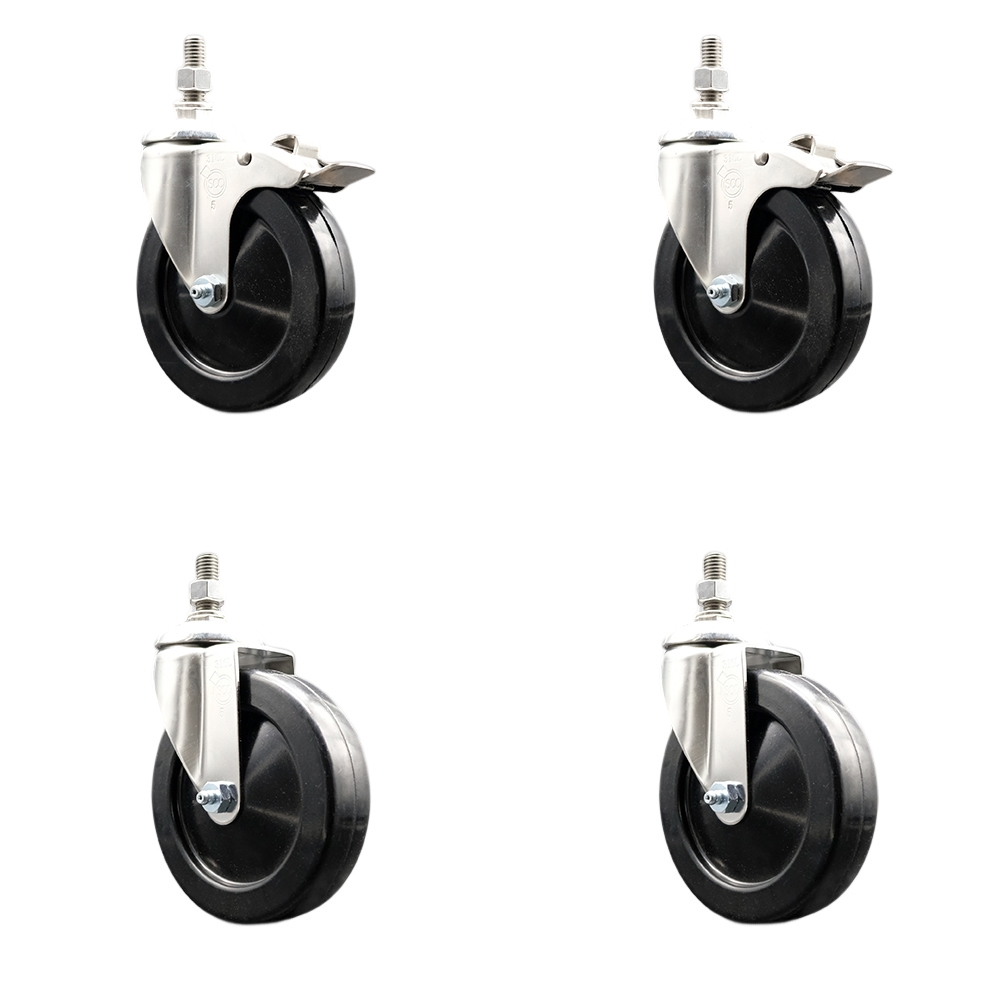 Hard Rubber Swivel Stem Caster with 5 in. Caster Wheels, 0.38 in. Threaded Stems - 316 Stainless Steel Casters - Set of 4