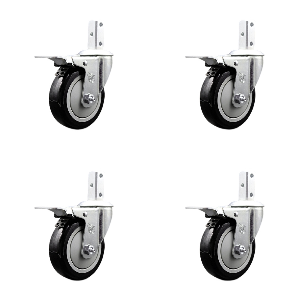 Swivel Square Stem Caster with 4 x 1.25 in. Black Poly Wheel, 0.75 x 2 in. Square Stem with 3 0.26 in. Diameter Mounting Holes - Set of 4