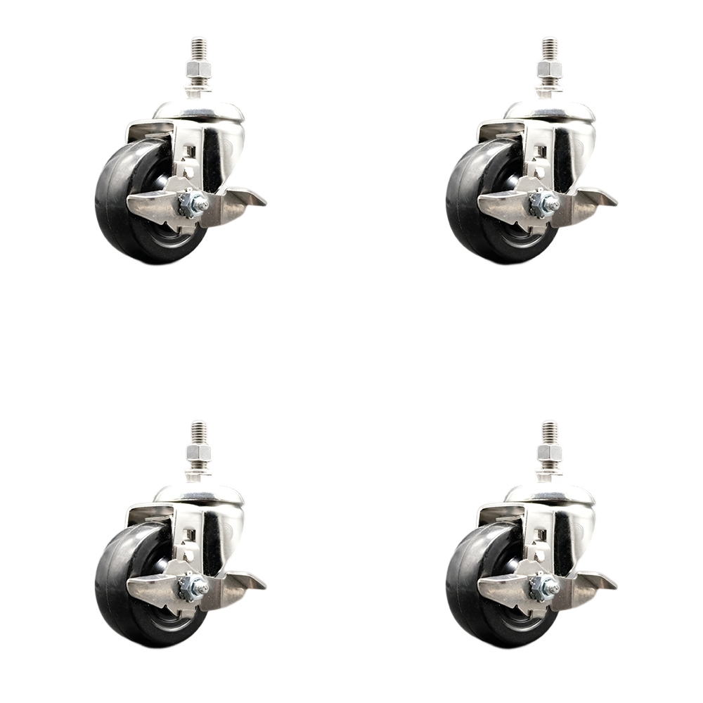 Hard Rubber Swivel Stem Caster with 3.5 in. Caster Wheels, 12 mm Threaded Stems - 316 Stainless Steel Casters - Set of 4