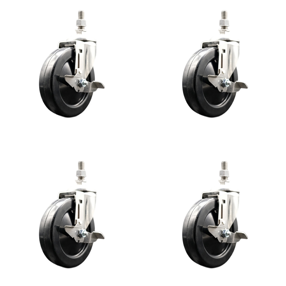 Hard Rubber Swivel Stem Caster with 5 in. Caster Wheels, 12 mm Threaded Stems - 316 Stainless Steel Casters - Set of 4