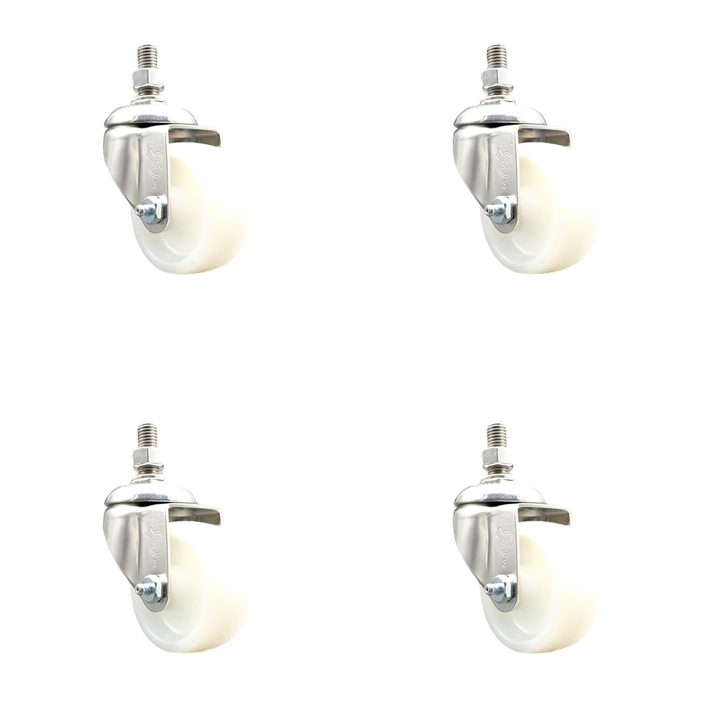 SCC-SS316TS20S314-NYS-M1015-4 Nylon Swivel Stem Caster with 3 in. Caster Wheels, 10 mm Threaded Stems - 316 Stainless Steel Casters - Set of 4