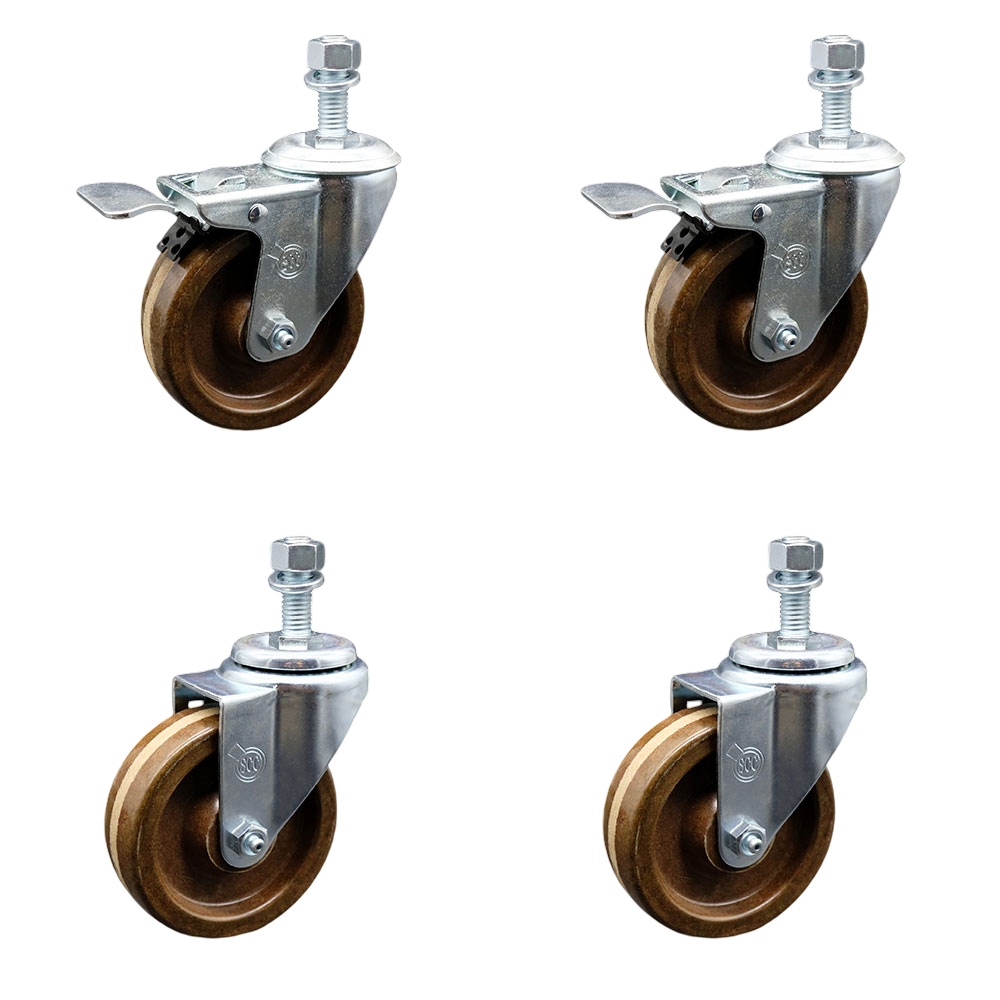 High Temperature Phenolic Swivel Threaded Stem Caster with Roller Bearing 4 x 1.25 in. Brown Wheels & 12 mm Stems - Set of 4