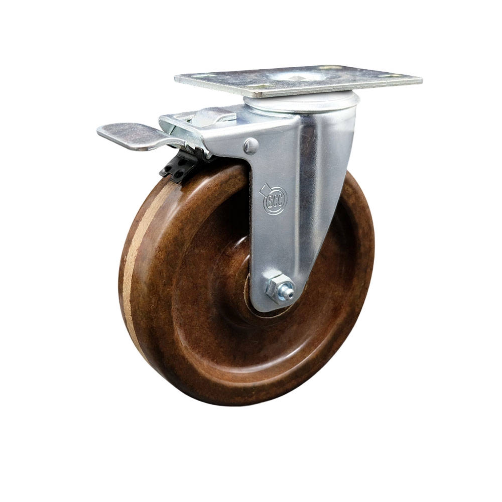 SCC-TTL20S514-PHRHT High Temperature Phenolic Swivel Top Plate Caster with Roller Bearing 5 in. Brown Wheel & Total Locking Brake