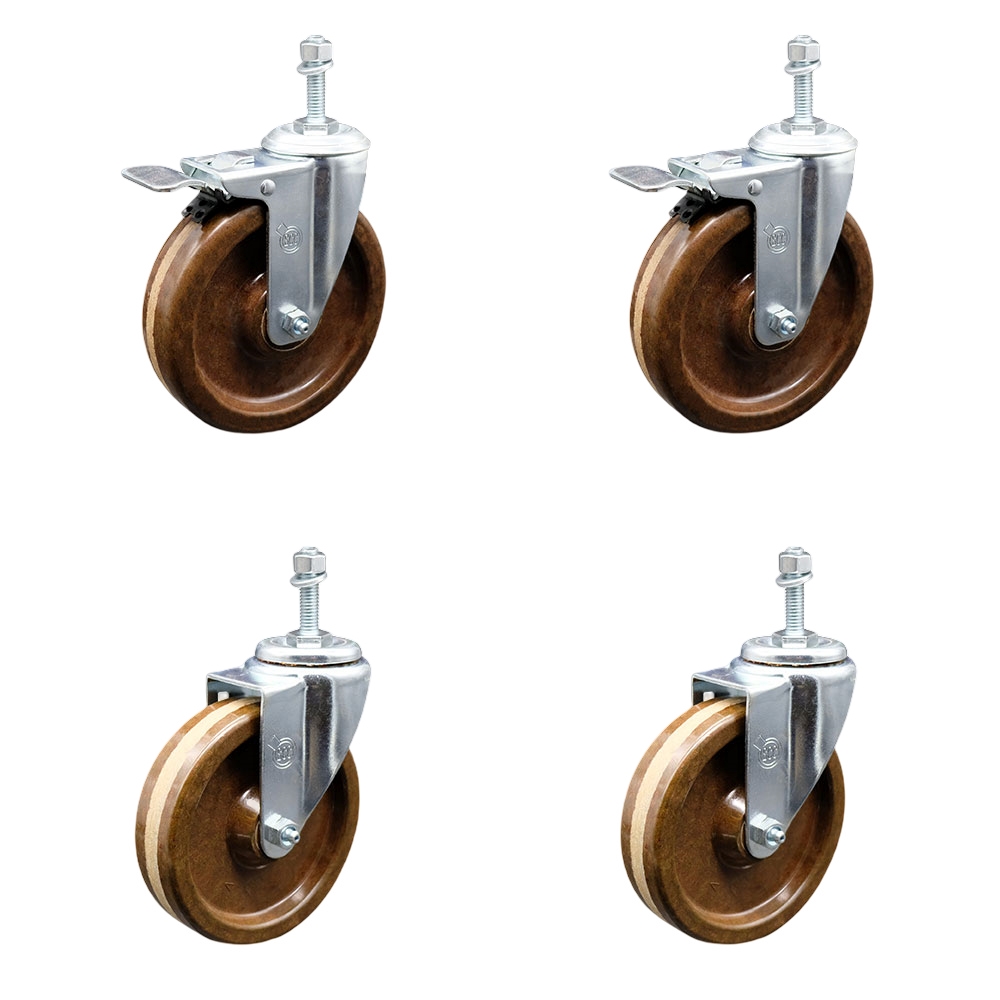 High Temperature Phenolic Swivel Threaded Stem Caster with Roller Bearing 5 x 1.25 in. Brown Wheels & 0.38 in. Stems - Set of 4