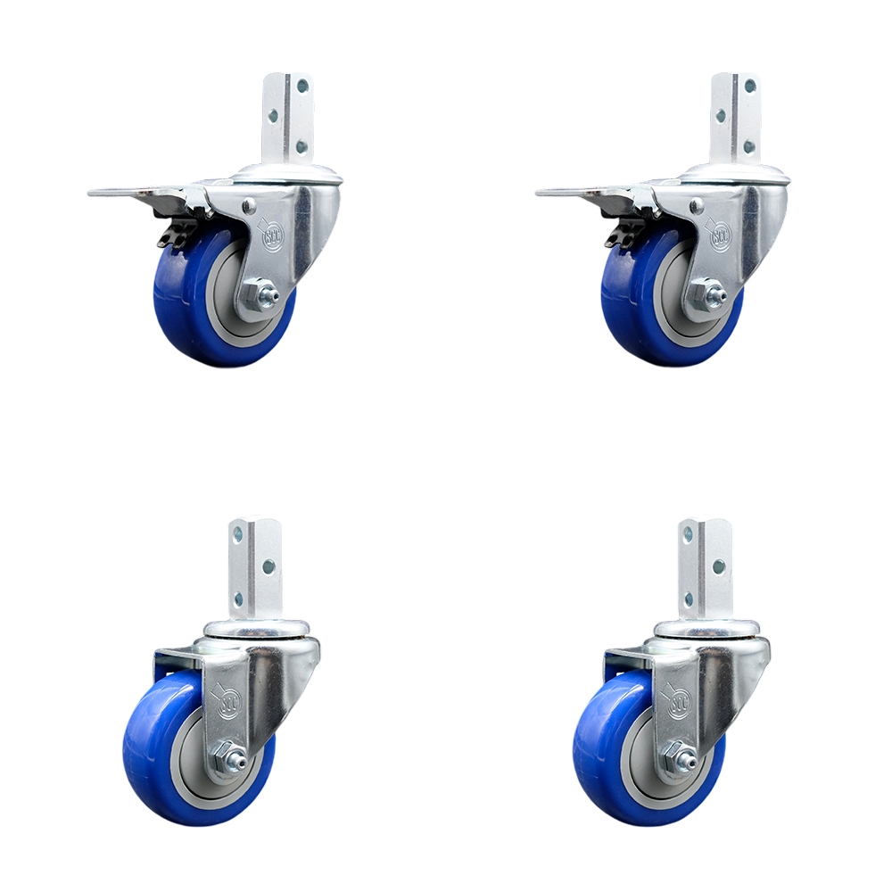 Swivel Square Stem Caster with 3 x 1.25 in. Blue Poly Wheel, 0.75 x 2 in. Square Stem with 3 0.26 in. Diameter Mounting Holes - Set of 4