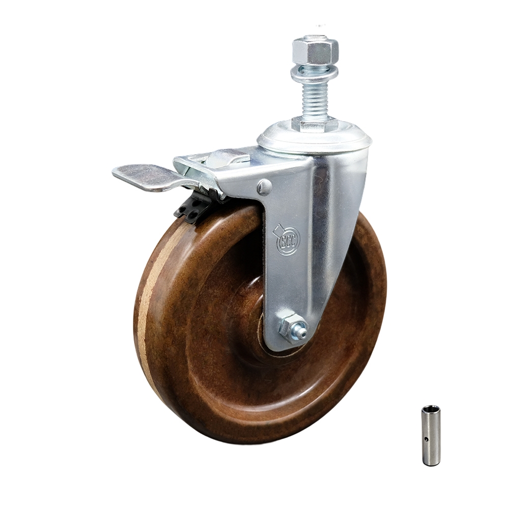 SCC-TSTTL20S514-PHSHT-M1215 High Temperature Phenolic Swivel Threaded Stem Caster 5 x 1.25 in. Brown Wheel & 12 mm Stem & Total Locking Brake