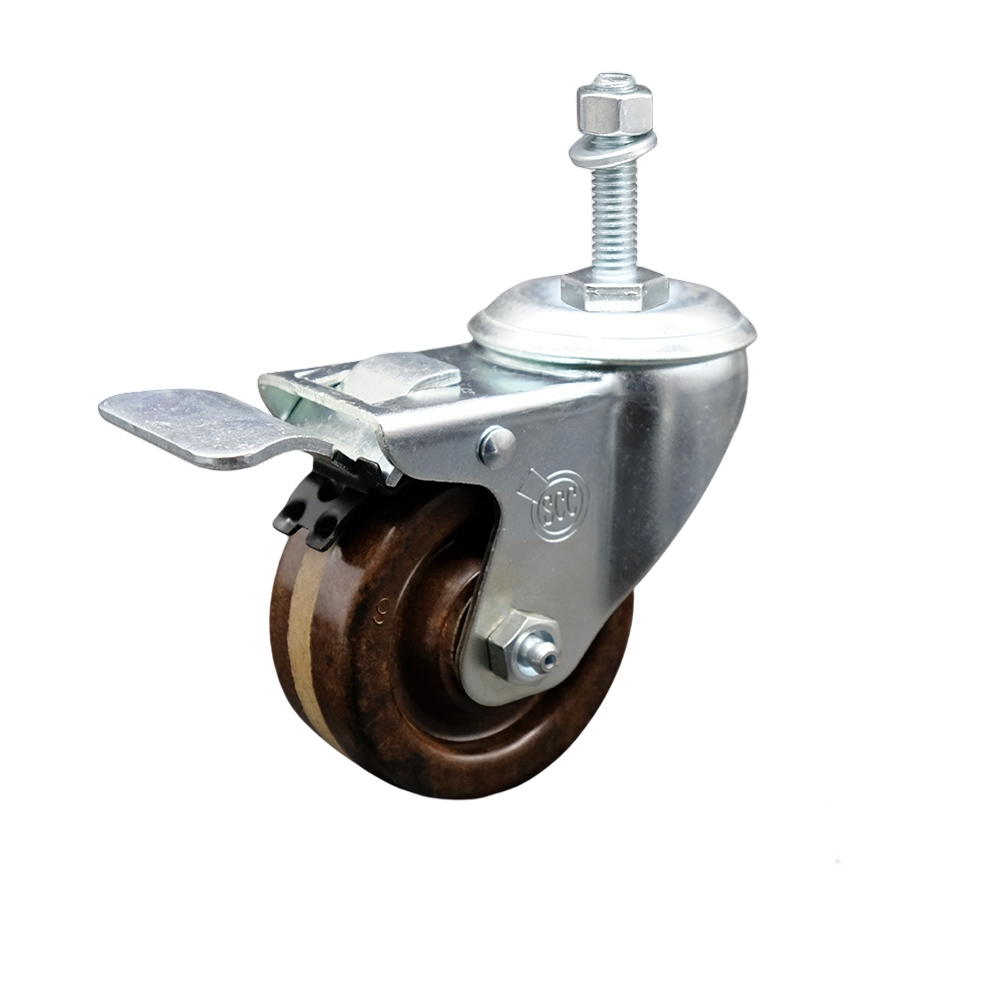 Stainless Steel High Temperature Phenolic Swivel Threaded Stem Caster with 3 x 1.25 in. Brown Wheel & 10 mm Stem & Total Locking Brake