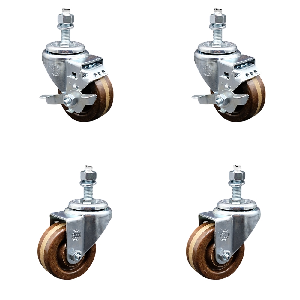Stainless Steel High Temperature Phenolic Swivel Threaded Stem Caster with 3 x 1.25 in. Brown Wheels & 12 mm Stems - Set of 4