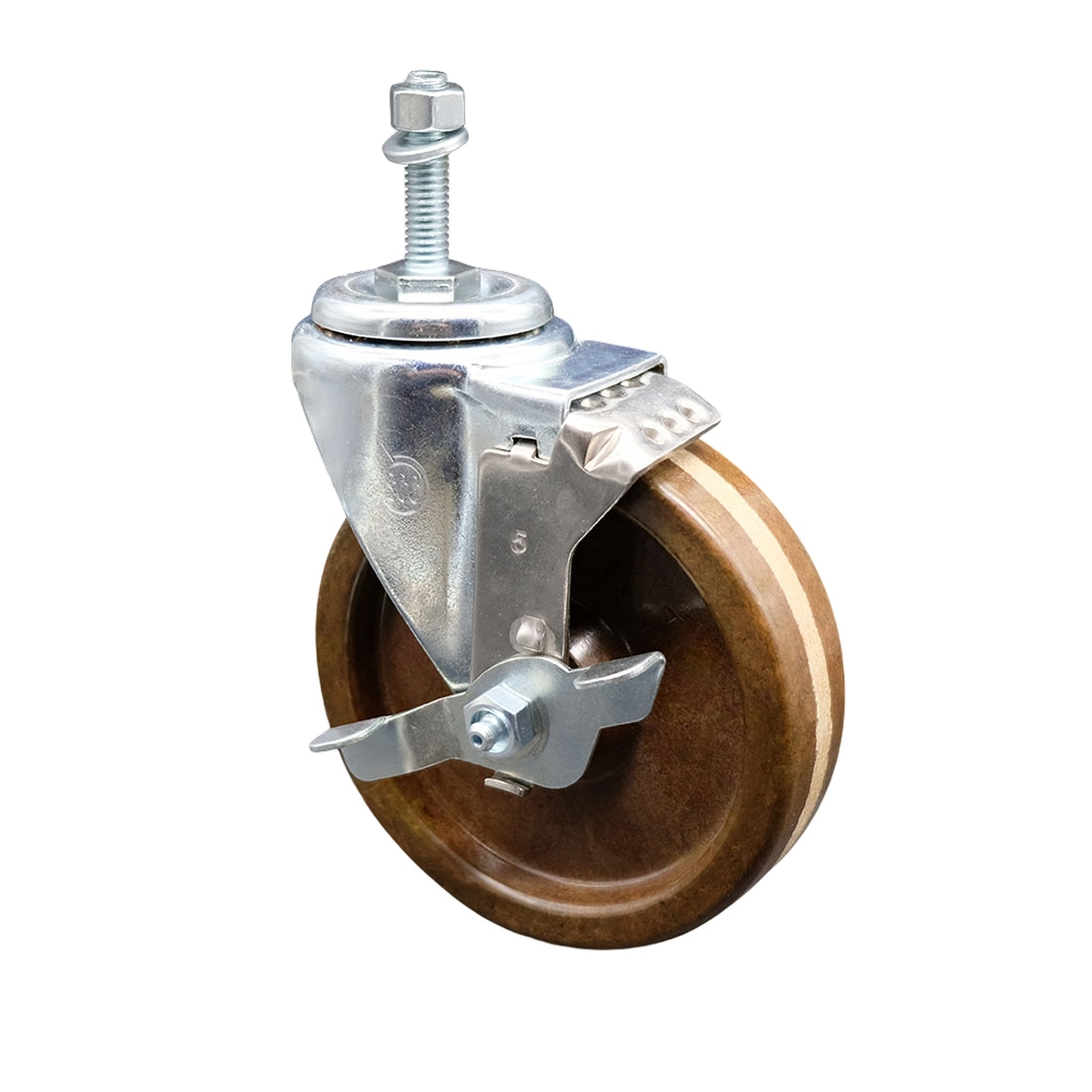 High Temperature Phenolic Swivel Threaded Stem Caster with Roller Bearing 5 x 1.25 in. Brown Wheel & 0.38 in. Stem & Top Locking Brake