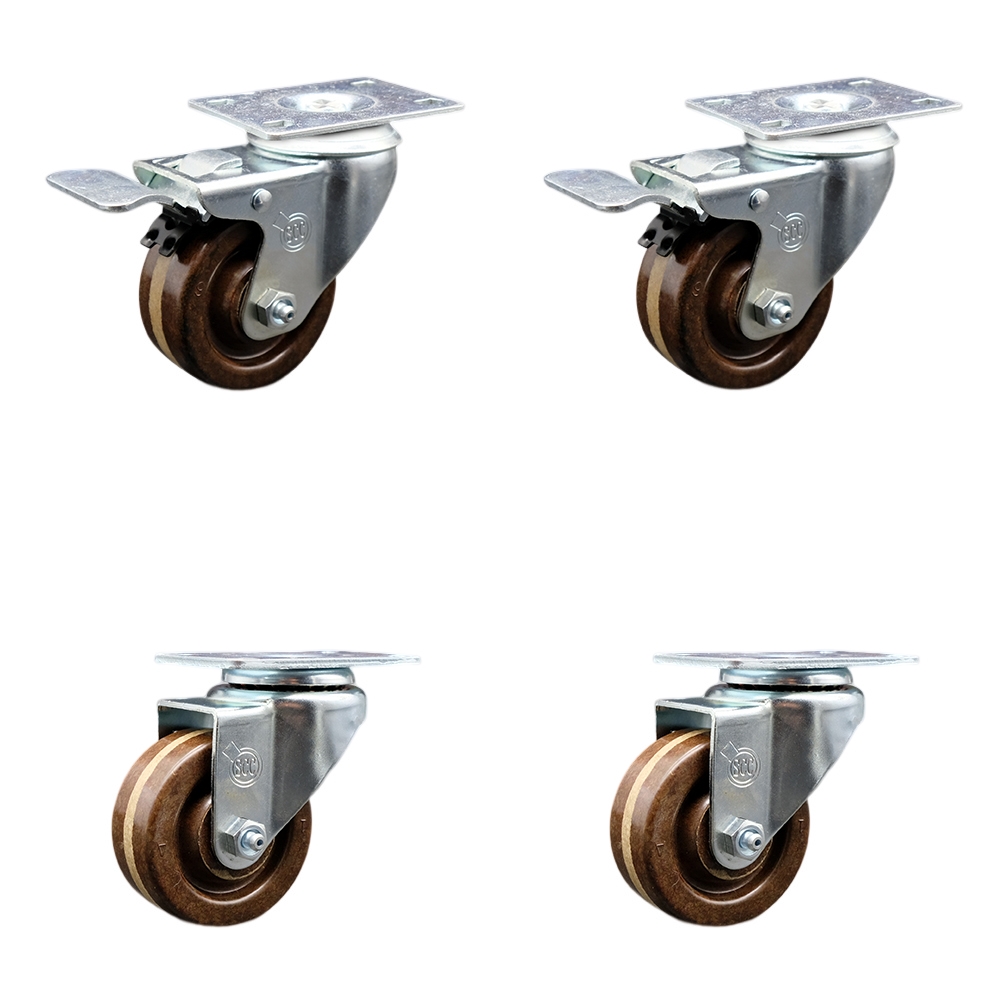 SCC-SSTTL20S314-PHSHT-2-S-2 Stainless Steel High Temperature Phenolic Swivel Top Plate Caster with 3 x 1.25 in. Brown Wheels - Set of 4