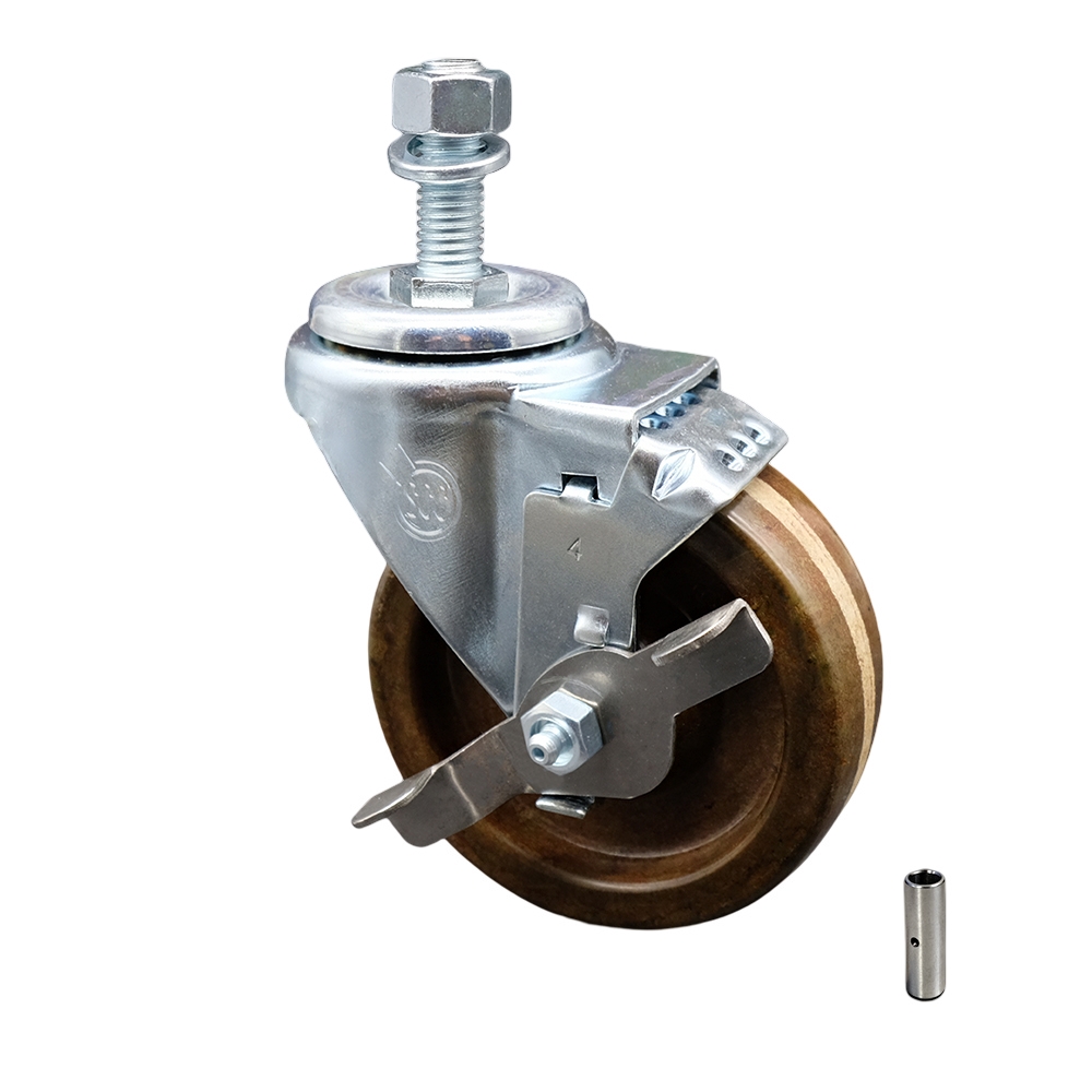 Stainless Steel High Temperature Phenolic Swivel Threaded Stem Caster with 4 x 1.25 in. Brown Wheel & 12 mm Stem & Top Locking Brake