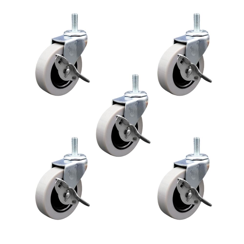 3 in. Swivel Thermoplastic Rubber Caster Wheels with 0.31 in. 18 TPI x 1.5 in. Threaded Stem Caster & Brake - Set of 5