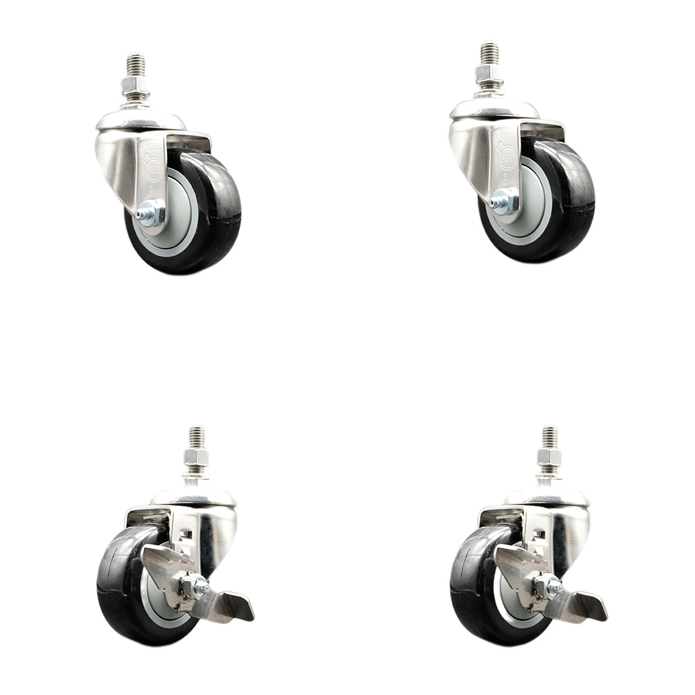 Poly Swivel Stem Caster with 3.5 in. Black Caster Wheels, 0.5 in. Threaded Stems - 316 Stainless Steel Casters - Set of 4