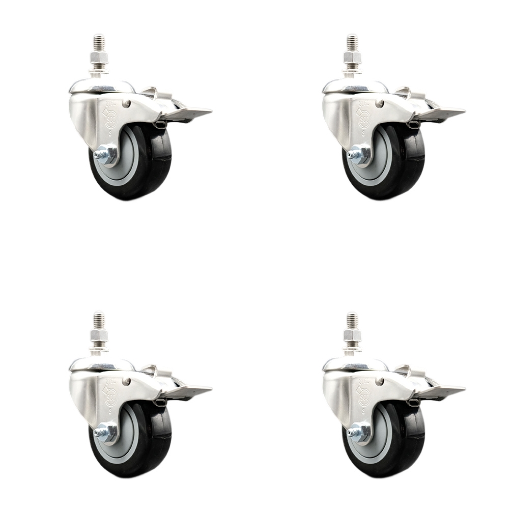 Polyurethane Swivel Stem Caster with 3 in. Black Caster Wheels, 0.38 in. Threaded Stems - 316 Stainless Steel Casters - Set of 4