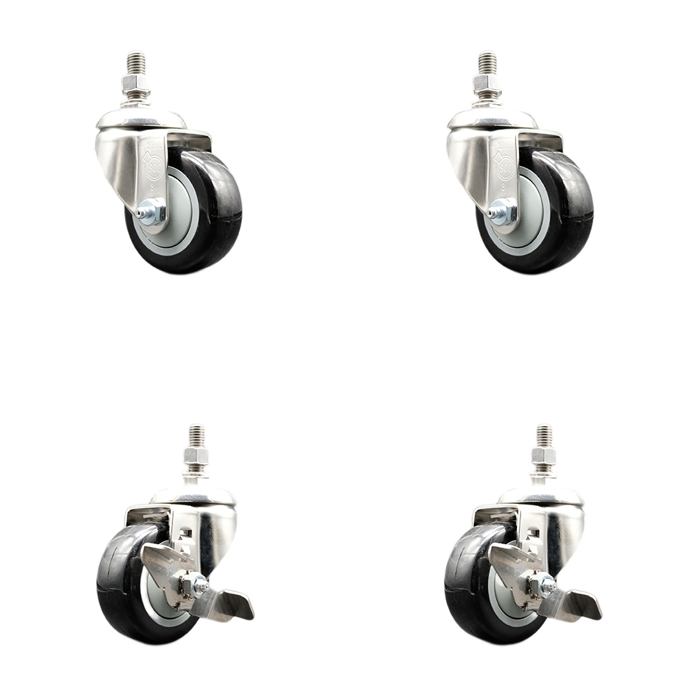 Poly Swivel Stem Caster with 3 in. Black Caster Wheels, 0.38 in. Threaded Stems - 316 Stainless Steel Casters - Set of 4