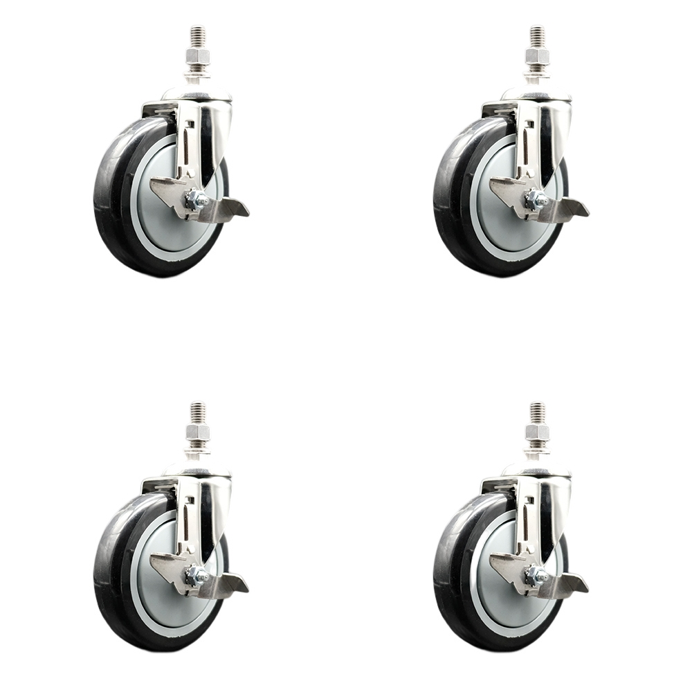 Polyurethane Swivel Stem Caster with 5 in. Black Caster Wheels, 0.38 in. Threaded Stems - 316 Stainless Steel Casters - Set of 4