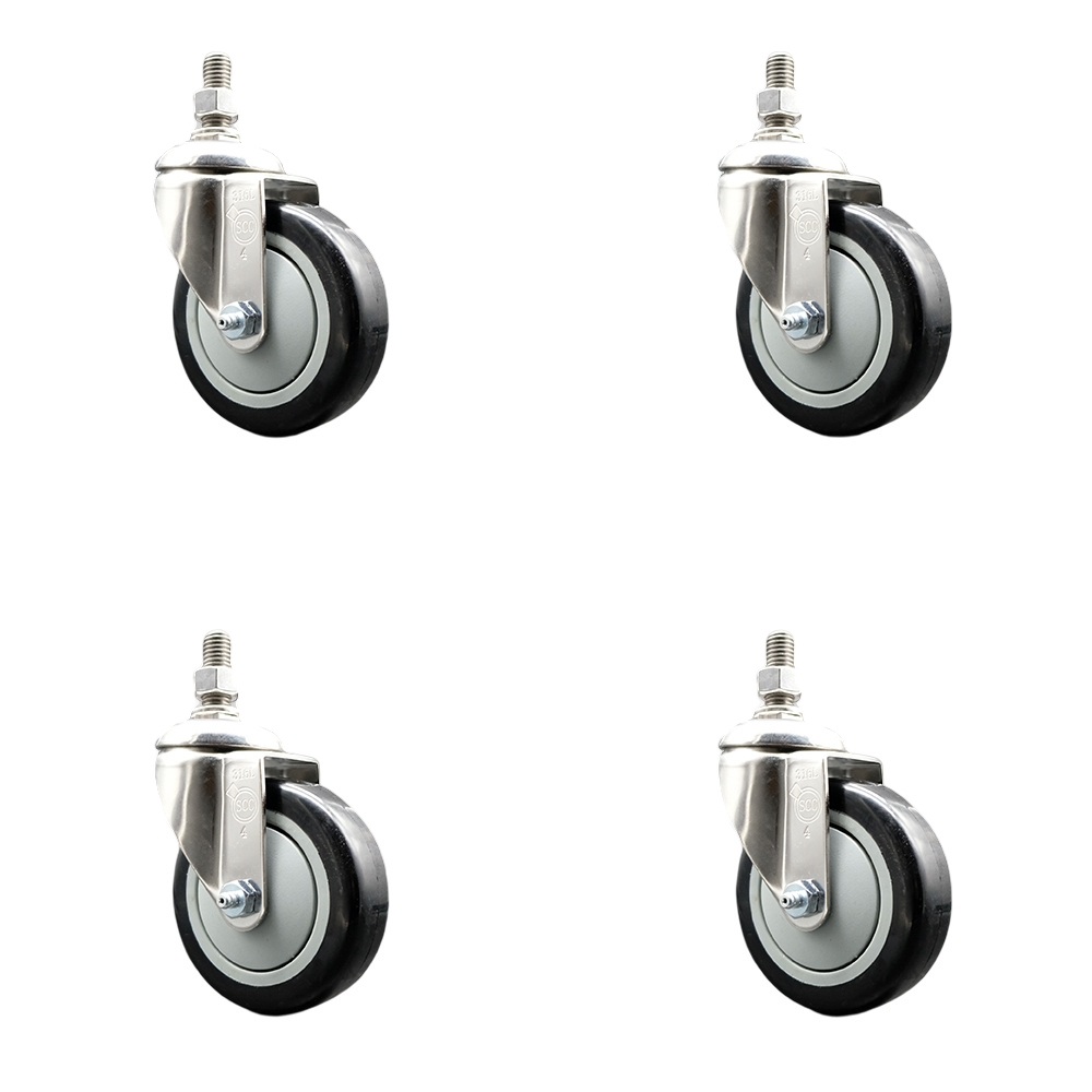 Polyurethane Swivel Stem Caster with 4 in. Black Caster Wheels, 10 mm Threaded Stems - 316 Stainless Steel Casters - Set of 4