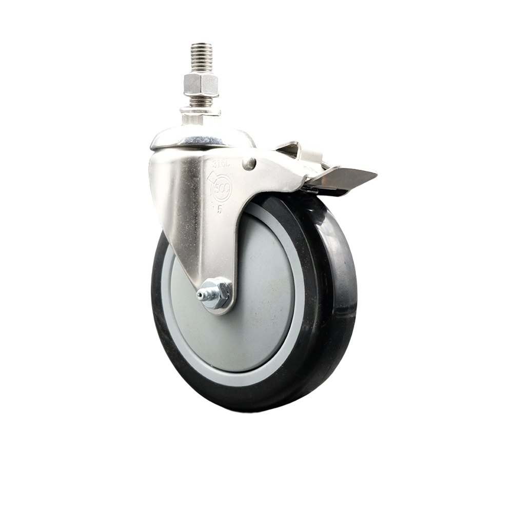 Polyurethane Swivel Stem Caster with 5 in. Black Caster Wheels & Total Lock Brake, 10 mm Threaded Stem - 316 Stainless Steel Caster