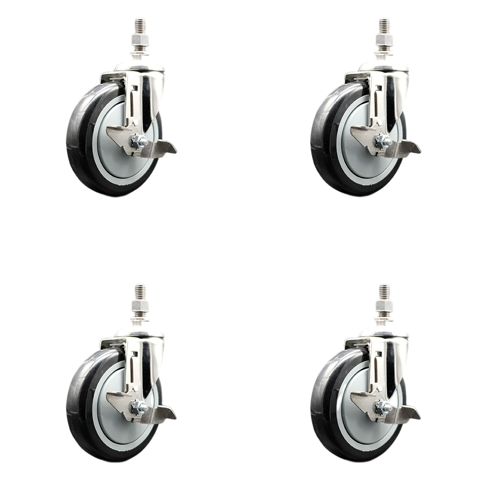 Polyurethane Swivel Stem Caster with 5 in. Black Caster Wheels, 10 mm Threaded Stems - 316 Stainless Steel Casters - Set of 4