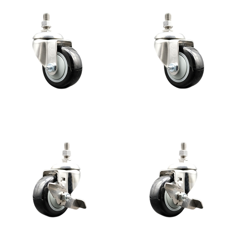Poly Swivel Stem Caster with 3.5 in. Black Caster Wheels, 12 mm Threaded Stems - 316 Stainless Steel Casters - Set of 4