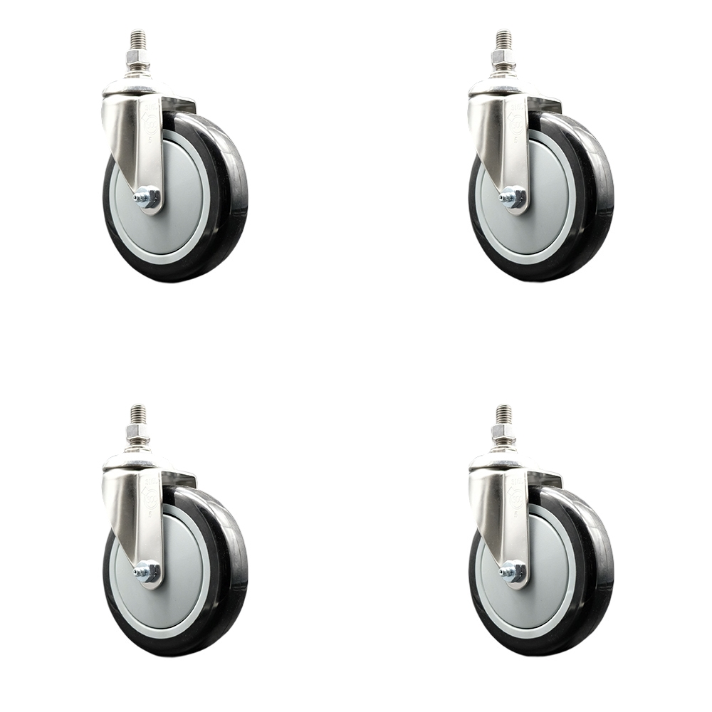Polyurethane Swivel Stem Caster with 5 in. Black Caster Wheels, 12 mm Threaded Stems - 316 Stainless Steel Casters - Set of 4