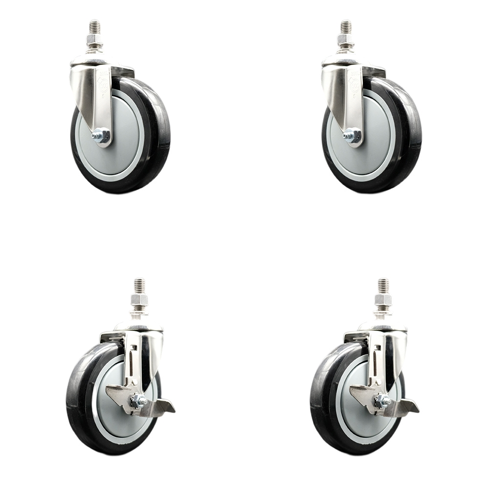 Poly Swivel Stem Caster with 5 in. Black Caster Wheels, 12 mm Threaded Stems - 316 Stainless Steel Casters - Set of 4
