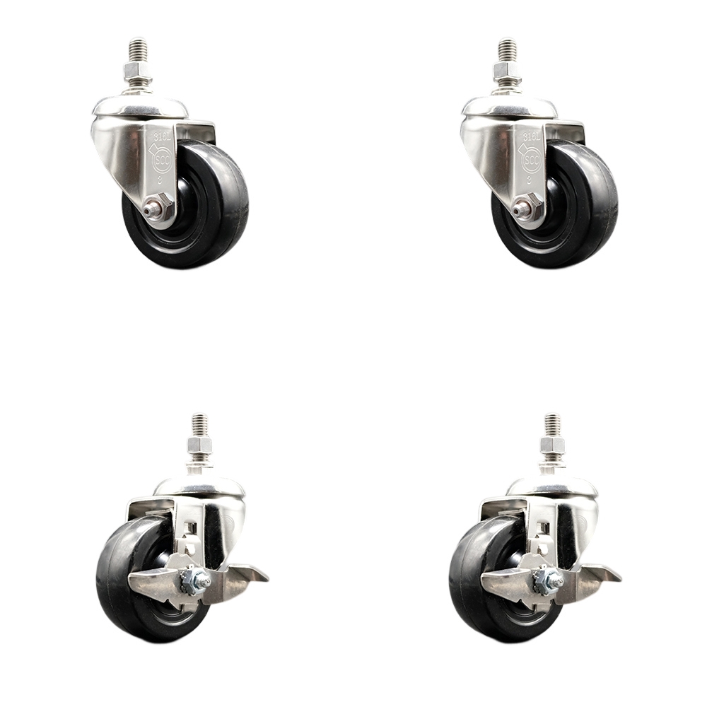 Hard Rubber Swivel Stem Caster with 3 in. Caster Wheels, 0.5 in. Threaded Stems - 316 Stainless Steel Casters - Set of 4
