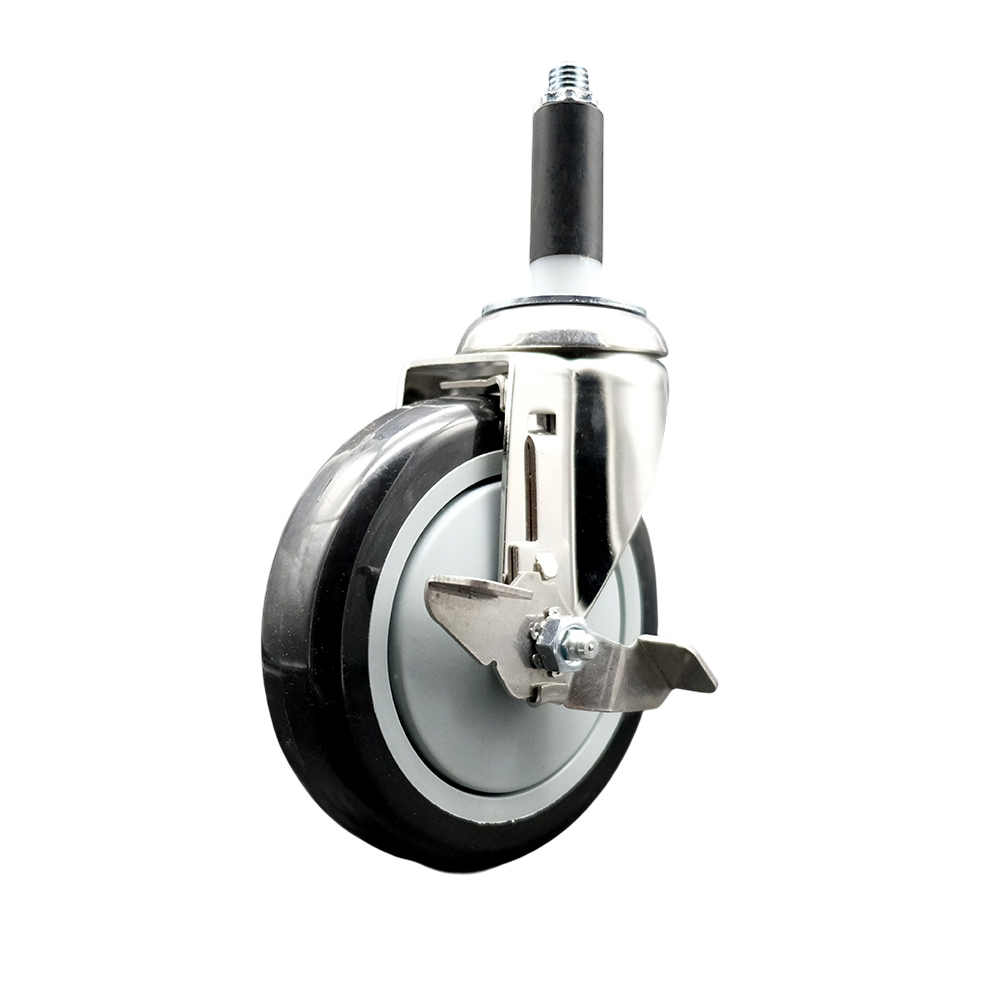 Polyurethane Swivel Stem Caster with 5 in. Black Caster Wheels & Top Lock Brake, 0.87 in. Expanding Stem - 316 Stainless Steel Caster