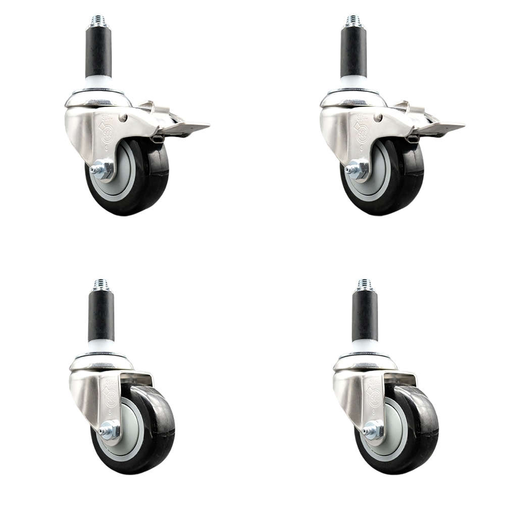 Polyurethane Swivel Stem Caster with 3 in. Black Caster Wheels, 1 in. Expanding Stem - 316 Stainless Steel Casters - Set of 4