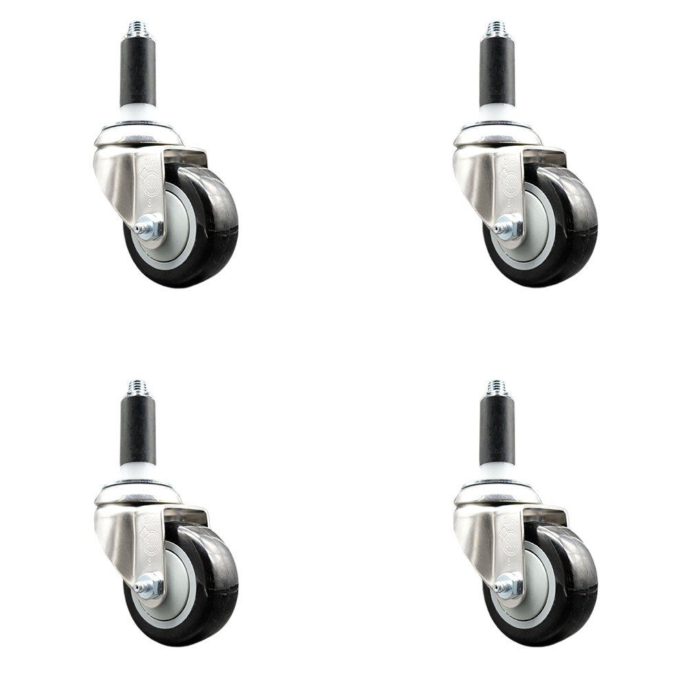 Polyurethane Swivel Stem Caster with 3.5 in. Black Caster Wheels, 1 in. Expanding Stems - 316 Stainless Steel Casters - Set of 4