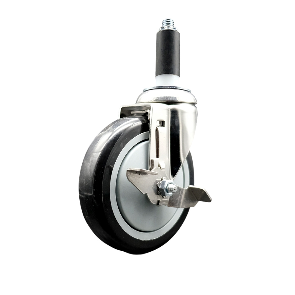Polyurethane Swivel Stem Caster with 5 in. Black Caster Wheels & Top Lock Brake, 1 in. Expanding Stem - 316 Stainless Steel Caster