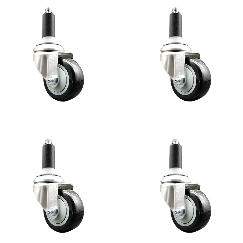 Polyurethane Swivel Stem Caster with 3 in. Black Caster Wheels, 1.13 in. Expanding Stems - 316 Stainless Steel Casters - Set of 4
