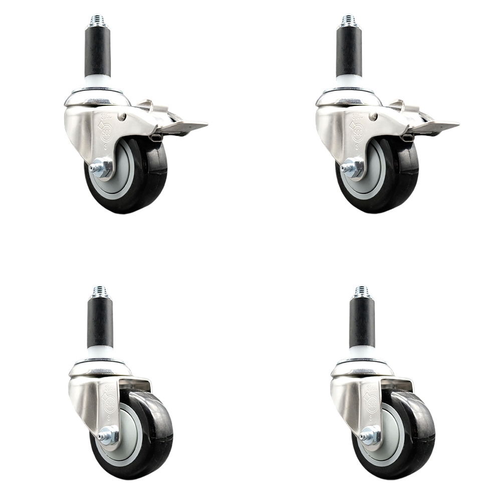 Polyurethane Swivel Stem Caster with 3 in. Black Caster Wheels, 1.13 in. Expanding Stem - 316 Stainless Steel Casters - Set of 4