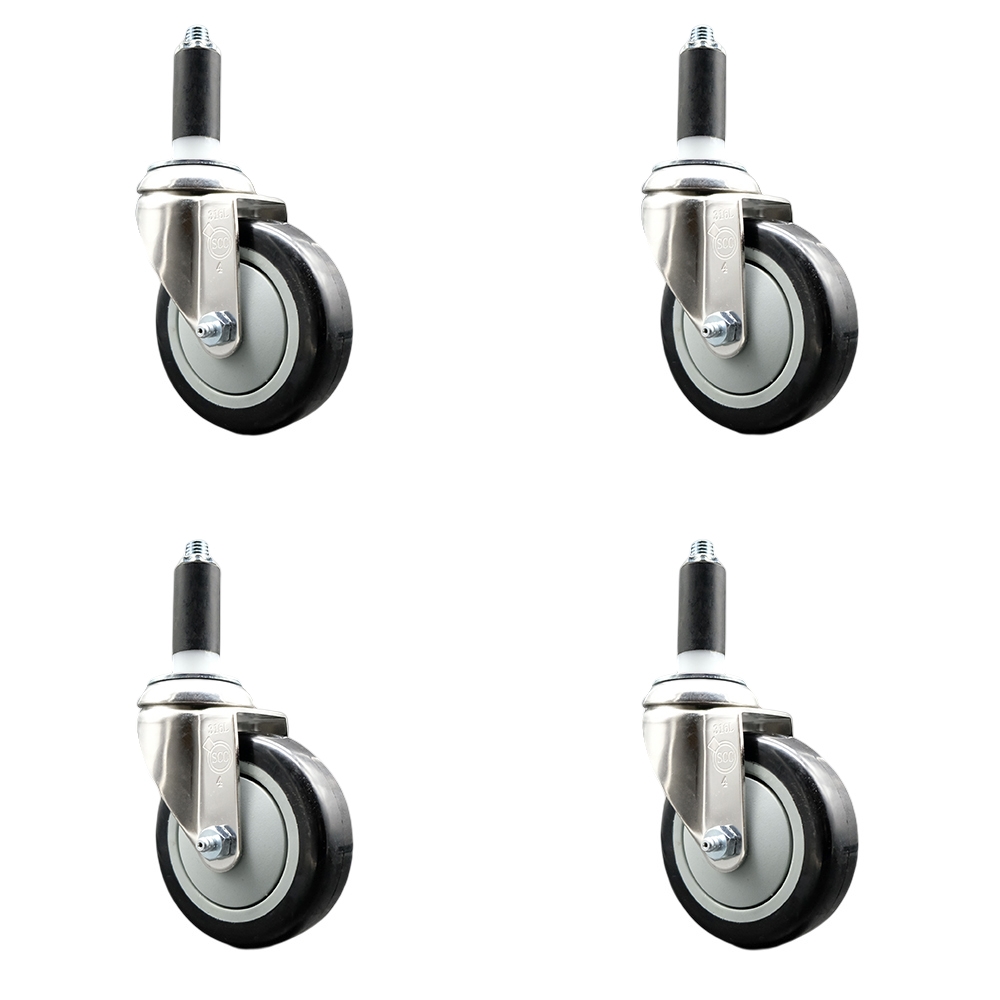Polyurethane Swivel Stem Caster with 4 in. Black Caster Wheels, 1.13 in. Expanding Stems - 316 Stainless Steel Casters - Set of 4