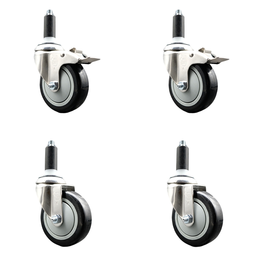 Polyurethane Swivel Stem Caster with 4 in. Black Caster Wheels, 1.13 in. Expanding Stem - 316 Stainless Steel Casters - Set of 4