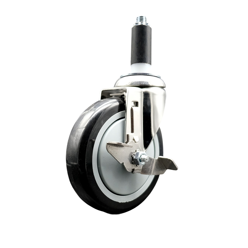 Polyurethane Swivel Stem Caster with 5 in. Black Caster Wheels & Top Lock Brake, 1.13 in. Expanding Stem - 316 Stainless Steel Caster