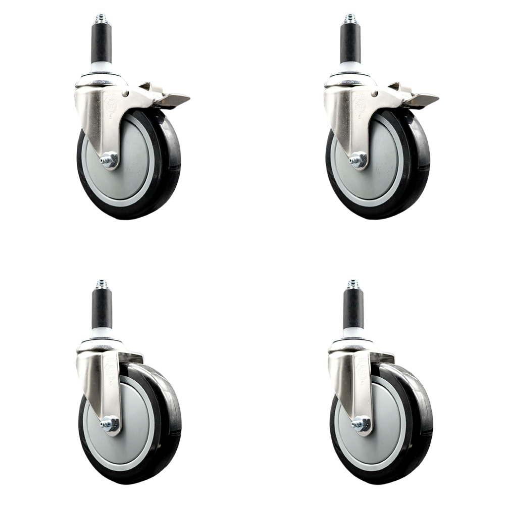 Polyurethane Swivel Stem Caster with 5 in. Black Caster Wheels, 1.13 in. Expanding Stem - 316 Stainless Steel Casters - Set of 4