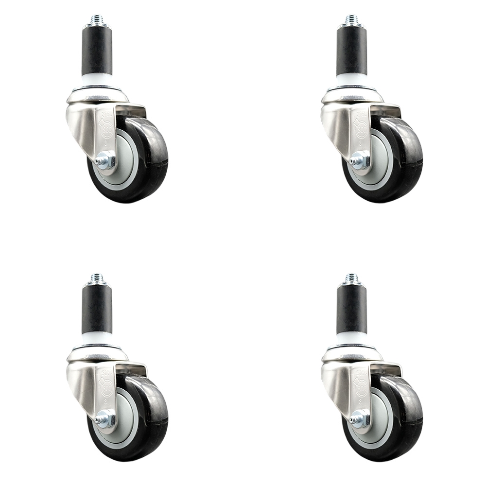 Polyurethane Swivel Stem Caster with 3 in. Black Caster Wheels, 1.25 in. Expanding Stems - 316 Stainless Steel Casters - Set of 4