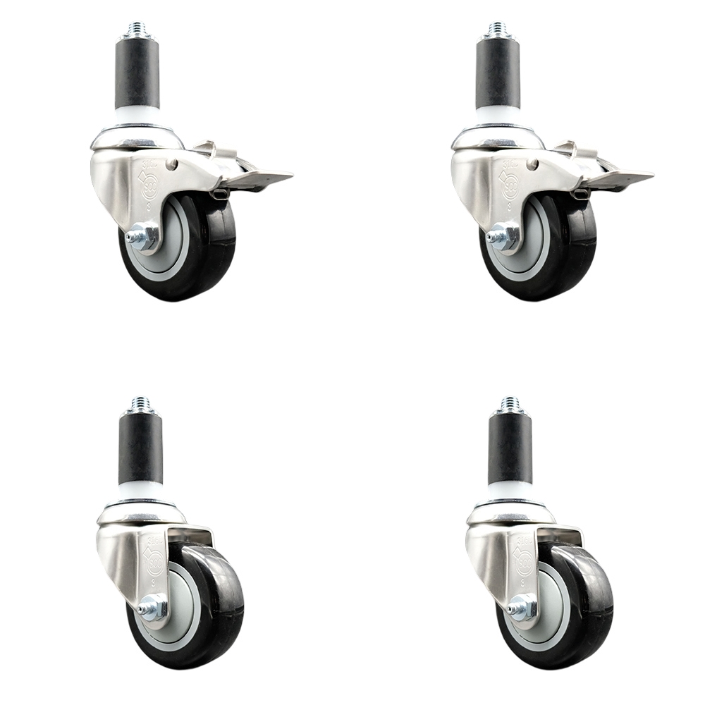 Polyurethane Swivel Stem Caster with 3 in. Black Caster Wheels, 1.25 in. Expanding Stem - 316 Stainless Steel Casters - Set of 4