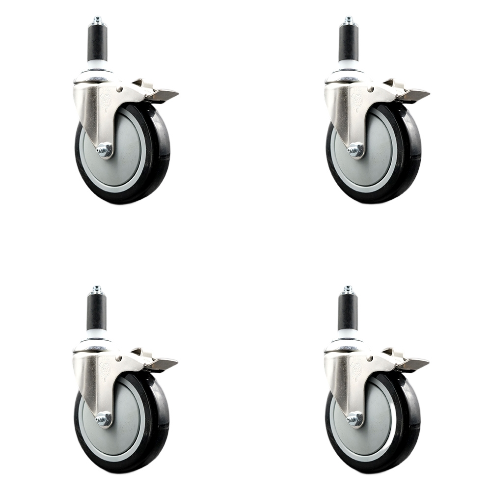 Polyurethane Swivel Stem Caster with 5 in. Black Caster Wheels, 1.25 in. Expanding Stems - 316 Stainless Steel Casters - Set of 4