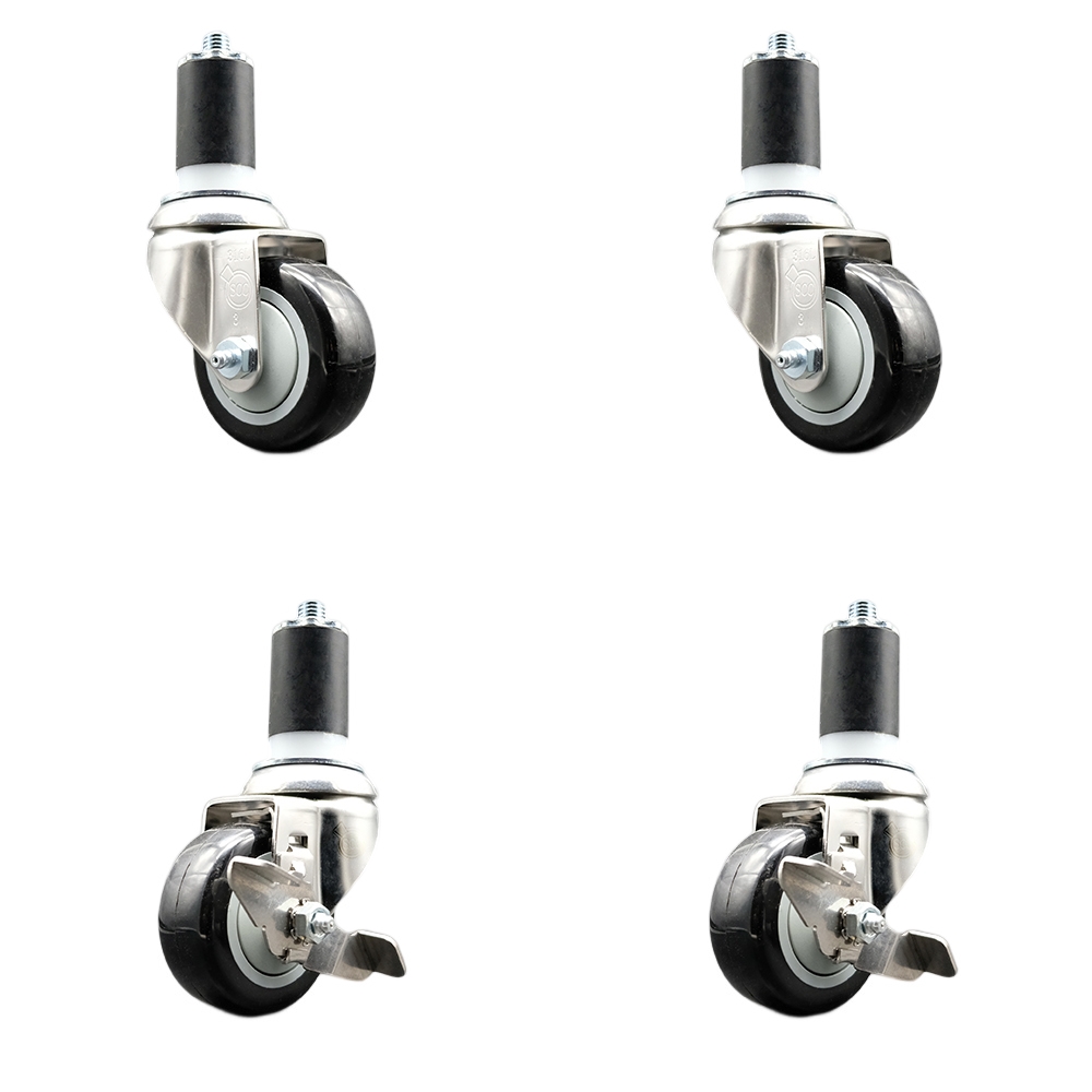Polyurethane Swivel Stem Caster with 3.5 in. Black Caster Wheels, 1.5 in. Expanding Stems - 316 Stainless Steel Casters - Set of 4