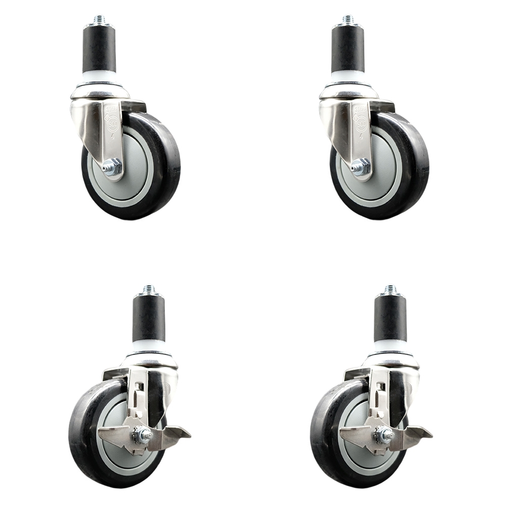 Polyurethane Swivel Stem Caster with 4 in. Black Caster Wheels, 1.5 in. Expanding Stems - 316 Stainless Steel Casters - Set of 4