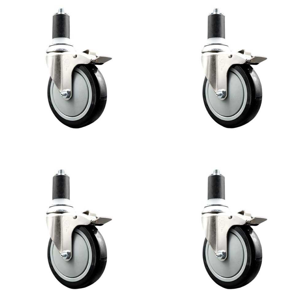 Polyurethane Swivel Stem Caster with 5 in. Black Caster Wheels, 1.5 in. Expanding Stems - 316 Stainless Steel Casters - Set of 4